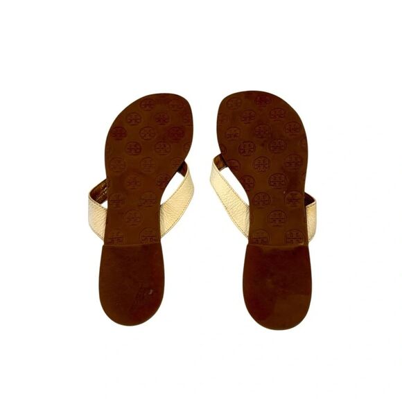 Tori Burch Women's Thora Leather Sandals Flat Thongs White Gold Logo Size 10 - Picture 5 of 6